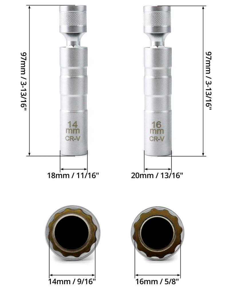 QWORK 14mm&16mm Magnetic Swivel Spark Plug Socket, Thin Wall Magnetic Rotating 3/8" Drive 12 Point Standard Spark Plug Socket Removal Tool 360-degree Rotation for Maximum Flexibility