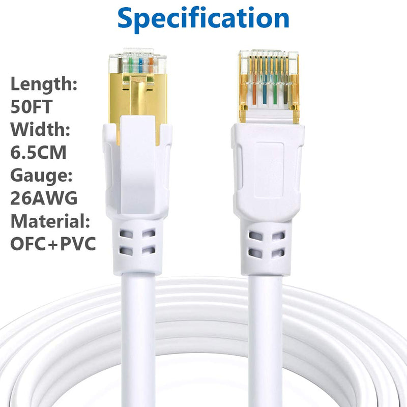 Cat 8 Ethernet Cable 50 ft Internet Network LAN Cable High Speed 2000Mhz 40Gbps RJ45 Cables for Gaming, Xbox, PS4, Modem, Router - Compatible for Cat7/Cat6e/Cat5e Network - White Cat8 50FT