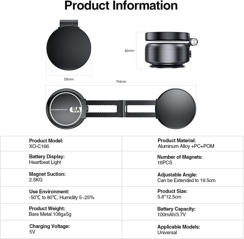 Vacuum Suction Magnetic Car Phone Holder, Adjustable Electric Magnetic Phone Holder Mount for Car, Foldable Strong Suction Car Holder Mount for iPhone16/15/14/13/12,Shower/Car/Mirror(Not Charge Phone) Black