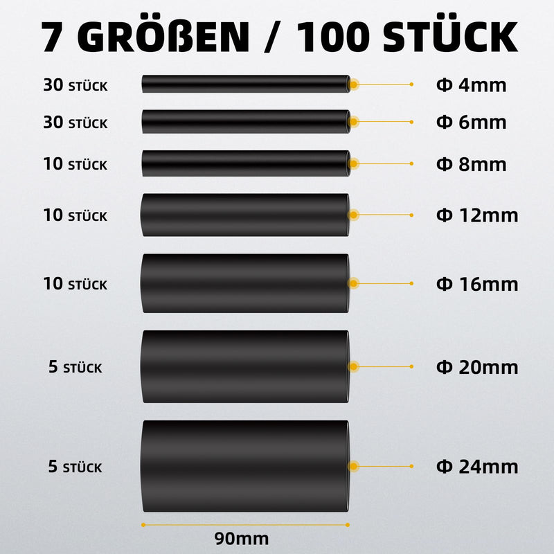 Fosdaling Heat Shrink Tube Set, 90 mm Extra Long 4:1 Heat Shrink Tubing, Waterproof with Adhesive, Heat Shrink Tube Assortment (7 Sizes, Black)