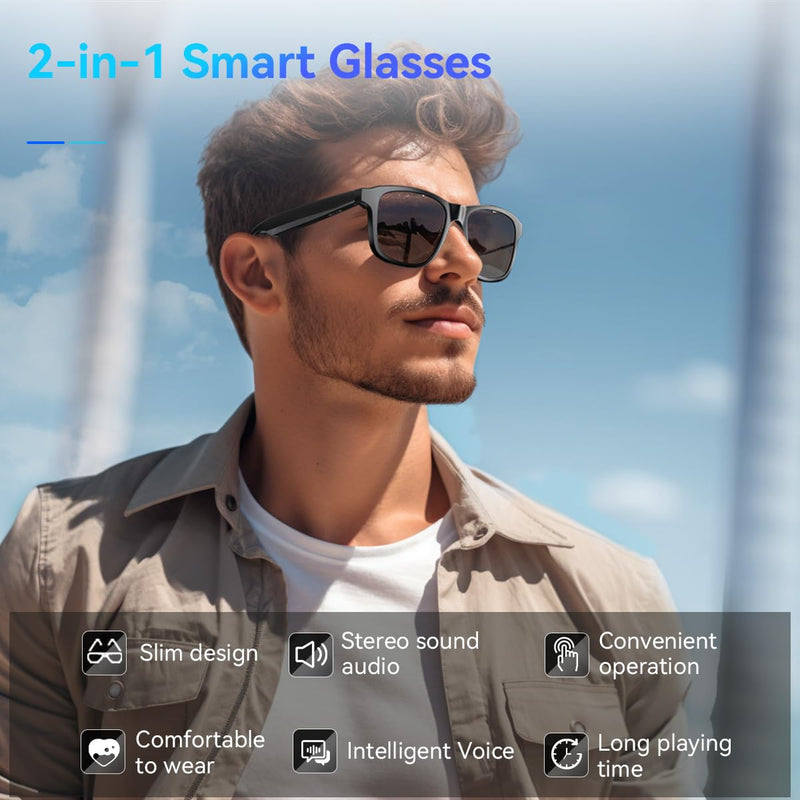 Smart Glasses for Men & Women, Bluetooth Sunglasses Audio Eyewear, Built-in Mic & Speakers, Athletic/Outdoor UV Protection Music SunGlass lenses Unisex