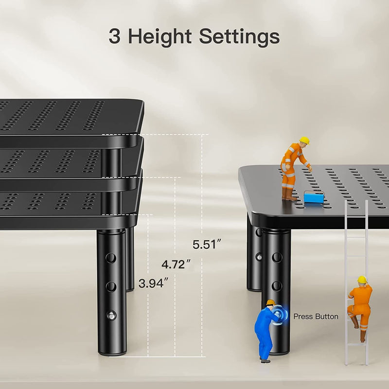 HUANUO Monitor Stand, Monitor Stand Riser 3 Height Adjustable, Monitor Riser with Airflow Vents, Laptop Stand for Desk, Laptop Riser, Desk Organizer for Monitor, 15.6" Laptop, PC, Printer Black