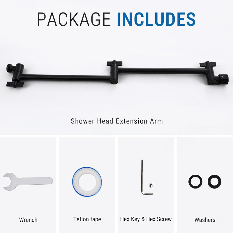 G-Promise 18 Inch Shower Head Extension Arm, Solid Brass Height & Angle Adjustable Extender, Rise or Lower Rainfall and Fixed Shower Head (Matte Black) Matte Black