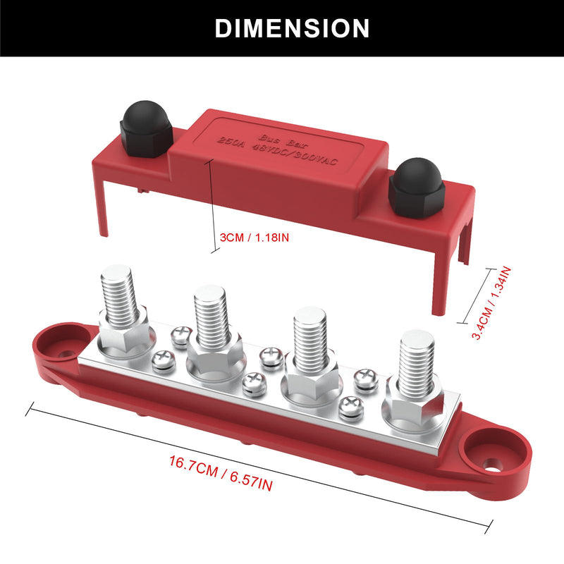 Upgraded Bus Bar 250A 12V Power Distribution Block with 3/8" (M10) 4-Posts Terminals Block with Cover for Automotive, Marine, Battery System (Red) 3/8" - Red