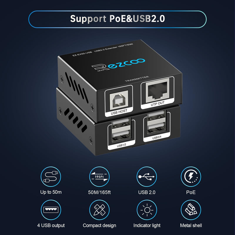 USB Extender 165ft 50m 4-Port USB2.0 HUB by Cat5e Cat6 -Two Webcam Work Sync,Plug & Play for Camera Storage Hard Drive PC Windows,MacOS,Android,1.5m USB Cable, 5V Power U SB Over Ethernet
