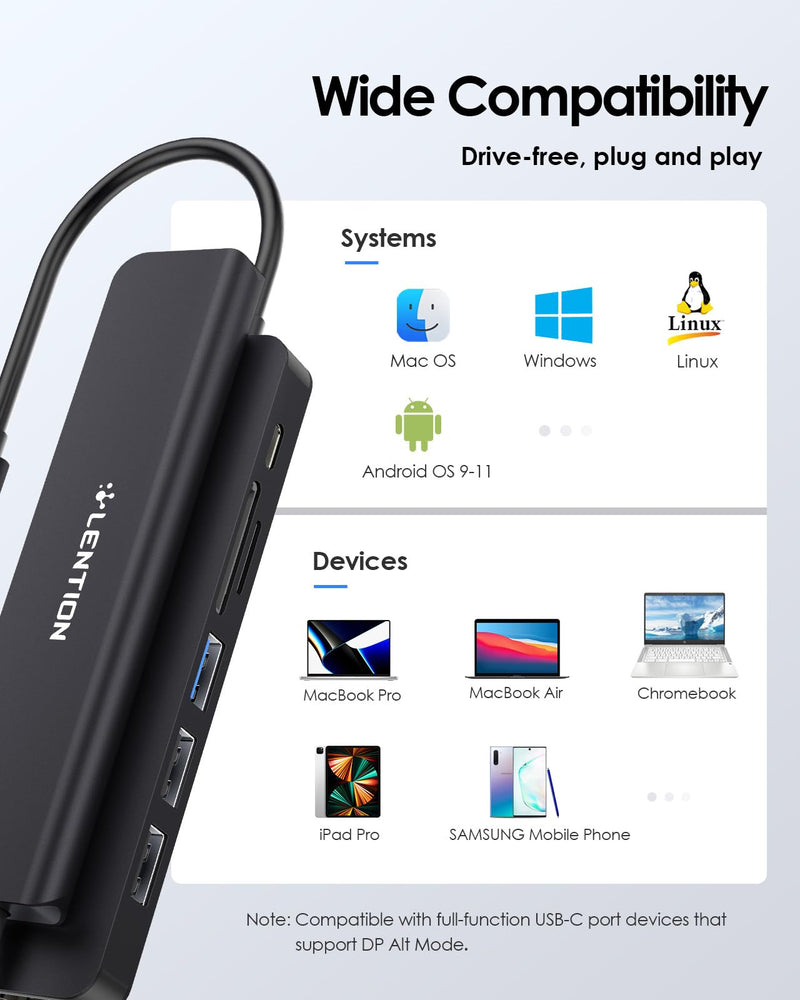 LENTION USB C Hub with 100W Charging, 4K@60Hz HDMI, Dual Card Reader, USB 3.0 & 2.0 Compatible 2024-2016 MacBook Pro, New Mac Air/Surface, Chromebook, More, Stable Driver Adapter (CB-CE18p.Black) Black