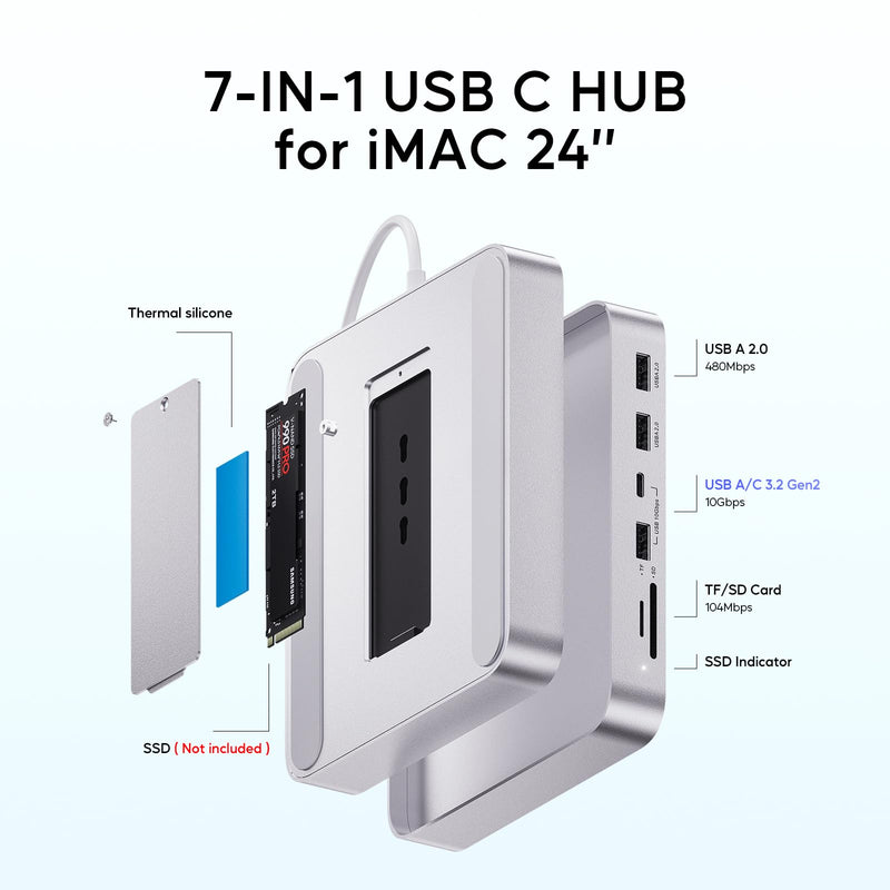 USB C HUB for iMac 24 inch 2021/2023/2024, PULWTOP USB Hub Adapter iMac Accessories for i-Mac M1/M3/M4 with USB C 10Gbps 3*USB A SD/TF, Docking Station Support Expand M.2 SSD (Not Included), Silver imac usb c hub-sliver