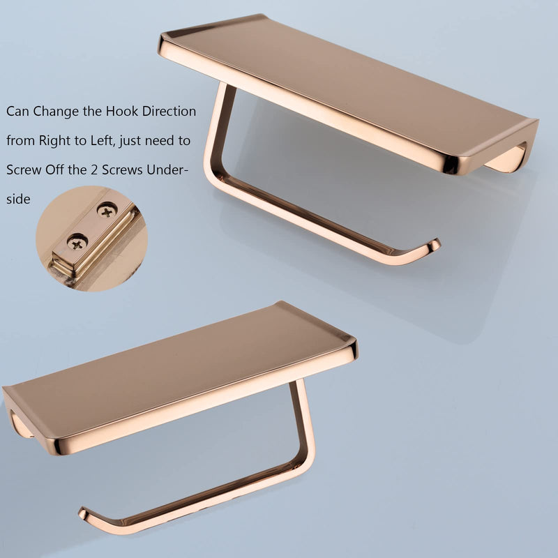 TRUSTMI Toilet Paper Holder with Phone Shelf, Bathroom Accessories Tissue Roll Dispenser Storage Wall Mounted, Plated Rose Gold 7.1" x 4.3"