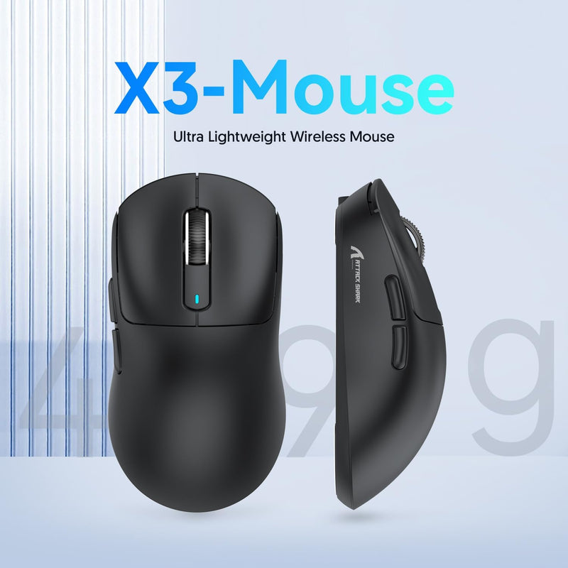 x Attack Shark X3 Wireless Gaming Mouse, 49g Ultralight, PixArt PAW3395 26000 DPI, Bluetooth/2.4Ghz /Wired Tri-Mode, 200Hrs Rechargeable Battery, Kailh GM8.0 Switch for PC/MAC/Win - Black