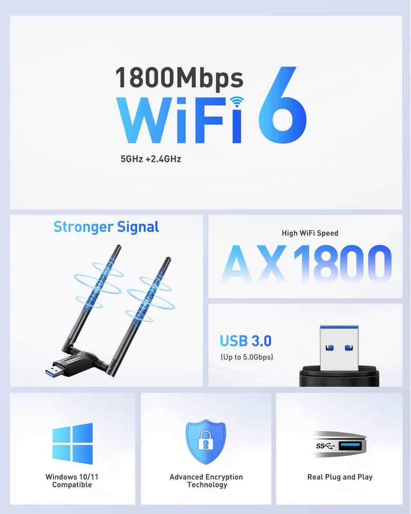 USB WiFi Adapter for Desktop PC - Nineplus 1800Mbps 5.8G/2.4G Wi-Fi 6 USB 3.0 Wireless Adapter with 2x5dBi Antenna WiFi Dongle for Desktop PC Laptop 802.11ax Internet Network Card for Win11/10