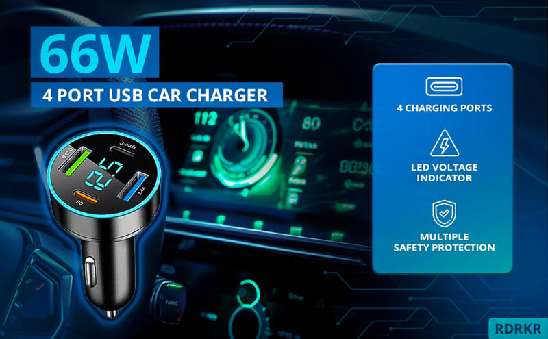 66W Car Charger Cigarette Lighter USB Charger, 4-Port Car Charger, 2 * USB 2.4 +PD+Type C Cigarette Lighter AdapterVoltmeter Compatible with Samsung/iPhone and other Android and iOS Devices