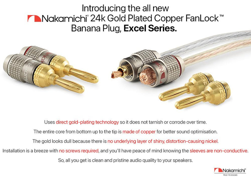 Nakamichi FanLock Excel Series 24k Gold Plated Banana Plug 10 AWG - 18 AWG Gauge Size 4mm for Speakers Amplifier Hi-Fi Stereo Home Theatre Radio Audio Wire Cable Quick Connector, 16 Pcs (8-Pairs) 16 Pcs (8-Pairs)