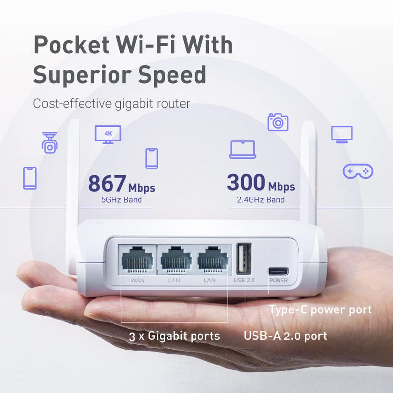 GL.iNet GL-SFT1200 (Opal) Portable WiFi Travel Router, Mini VPN Wireless Router for Fiber Optic Modem, Mobile Internet WiFi Repeater, Dual Band Openwrt Computer Routers, Home/Business/RV/Cruise White
