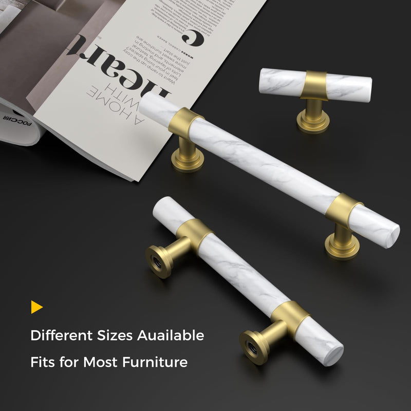 Rergy Cabinet Handles Marble Drawer Pulls and Knobs, 10Pack White Marble & Matte Gold Single Hole, T-Bar Hardware for Kitchen Dresser Zinc Alloy Furniture 10