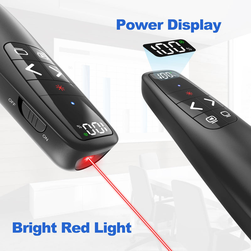 Rechargeable Presentation Clicker with Case, Power Digital Display Wireless Presenter Remote, USB C Red Light Pointer Computer PowerPoint PPT Clickers for Mac Laptop, Slideshow Google Slide Advancer Red Light & Power Display