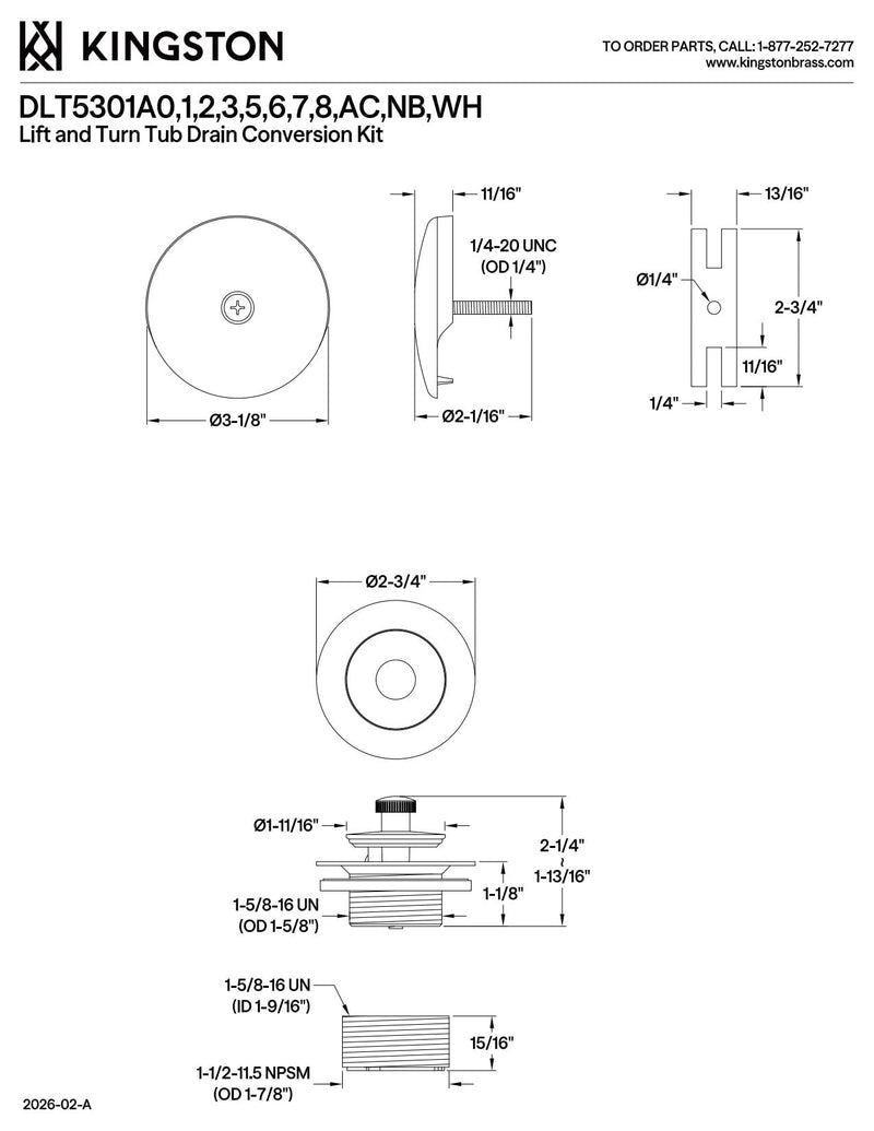 Kingston Brass DLT5301A6 Made to Match Twist and Close Tub Drain Conversion Kit, Polished Nickel 3.13 x 3.13 x 2.75
