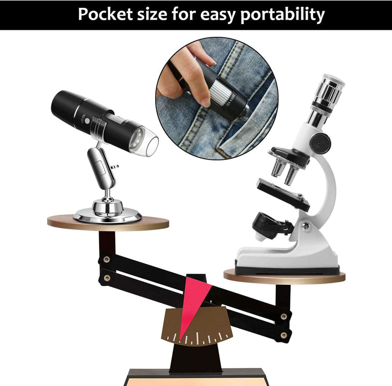 WADEO Digital USB Microscope, Portable WiFi Microscope 50X-1000X Magnification with Endoscopy and 8 LED, Digital Microscope for Android, iOS, Windows Silver, 50X-1000X Magnification