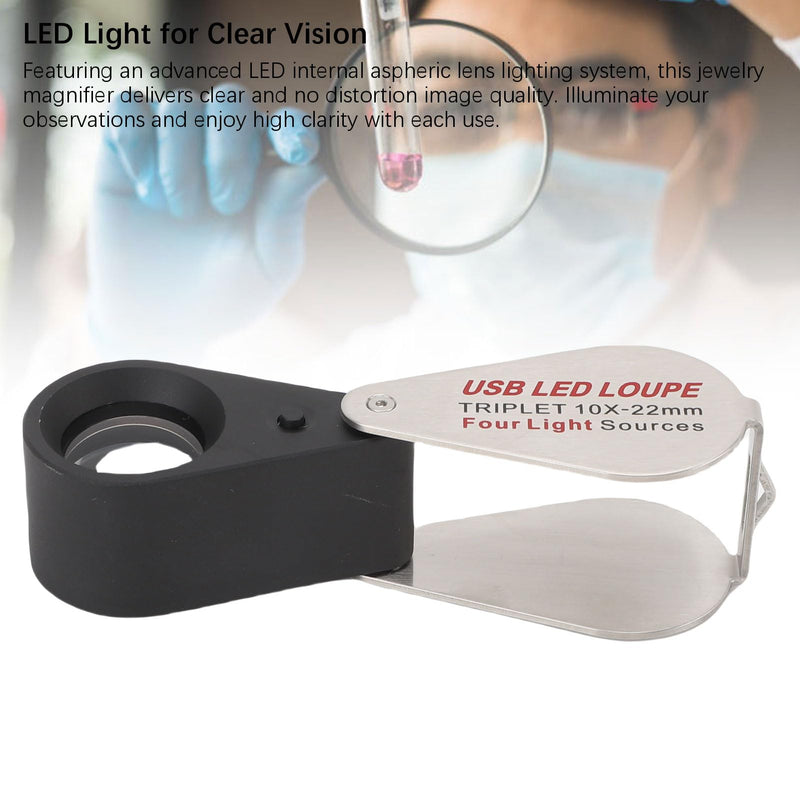 SEAFRONT 10x Magnifying Foldable LED Pocket Magnifier with 4 Light Modes USB Rechargeable Magnification Glass Compact 60 x 30 mm for Reading Inspection Jewellery