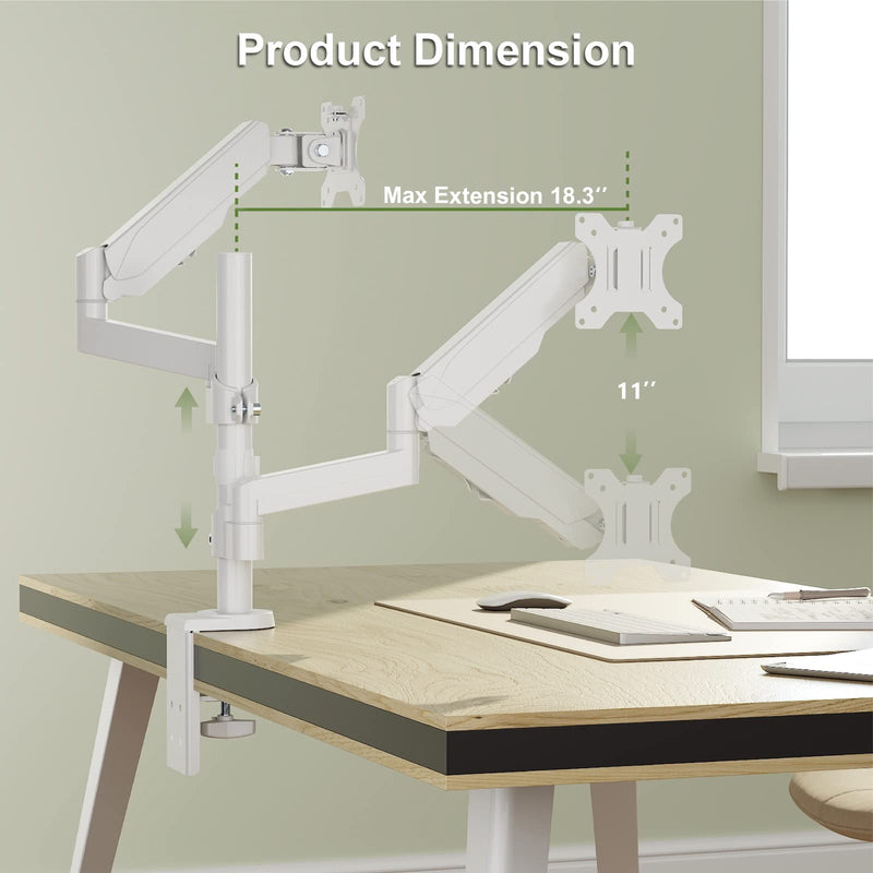WALI Dual Monitor Mount, Adjustable Gas Spring Arms Desk Mount for 2 Monitors up to 32 inch, 17.6lbs Weight Capacity, Mounting Holes 75 x 75mm or 100 x 100mm (GSDM002W), White 32inch