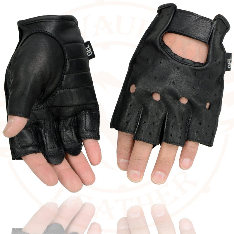 Milwaukee Leather SH195 Men's Black Leather Perforated Gel Padded Palm Fingerless Motorcycle Hand Gloves W/ ‘Open Knuckle’ Large