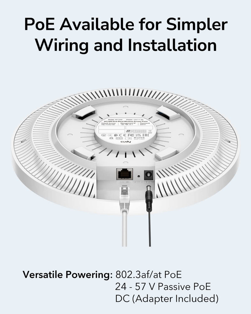 Cudy AC1200 Gigabit Wireless Access Point, Gigabit RJ45, Business WiFi Solution w/Mesh Support, Beamforming, Seamless Roaming, MU-MIMO, PoE or DC Powered, 12V DC Power Adapter Included, AP1300