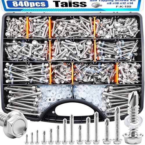 Taiss 610PCS #8#10 Self Tapping Screws for Metal 410 Stainless Steel +840PCS #8#10#12#14 Self Tapping Screws + 620PCS M3 Screw Kit
