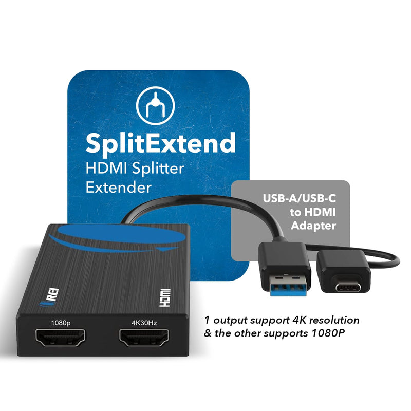 OREI SplitExtend HDMI Splitter Extender for Dual Video Monitor Extended Display - USB & USB-C to HDMI Adapter 4K @ 30Hz Display 1 1080p Display 2 - Supports Windows, Mac OS Black