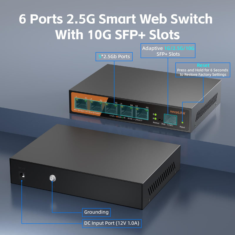 6 Port 2.5G Web Smart Managed Ethernet Switch with 5 x 2.5G Base-T Ports, 1 x 10G SFP+, Static Aggregation, QoS/VLAN/IGMP, Metal Housing Fanless, Desktop/Wall-Mount 5 Port 2.5G Switch Managed