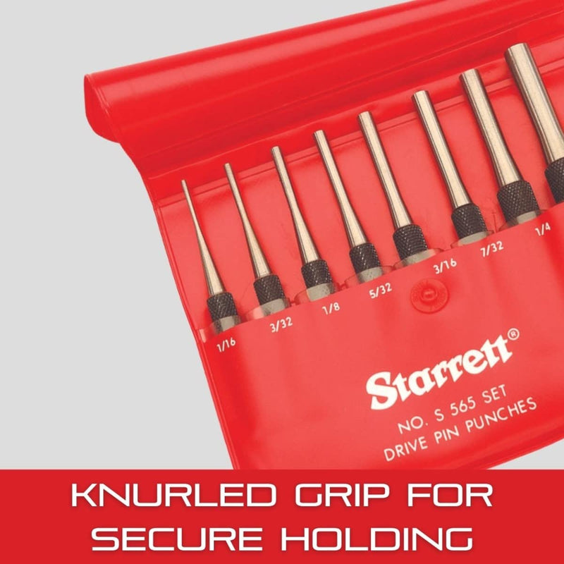 Starrett Brass Drive Pin Punch Set, 4" Length, 1/16"-5/16" Dia, 8 Pieces | With Knurled Grip in Protective Fabric Pouch, Non-Sparking, Sizes Clearly Mark on the Head, Made of Brass - SB565Z