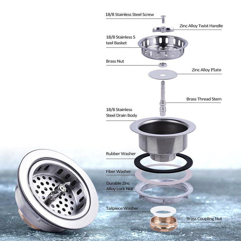 304 Stainless Steel Kitchen Sink Twist Lock Basket Drain Assembly W/Brass Nuts-VARNAHOME Twist lock Kitchen Drain