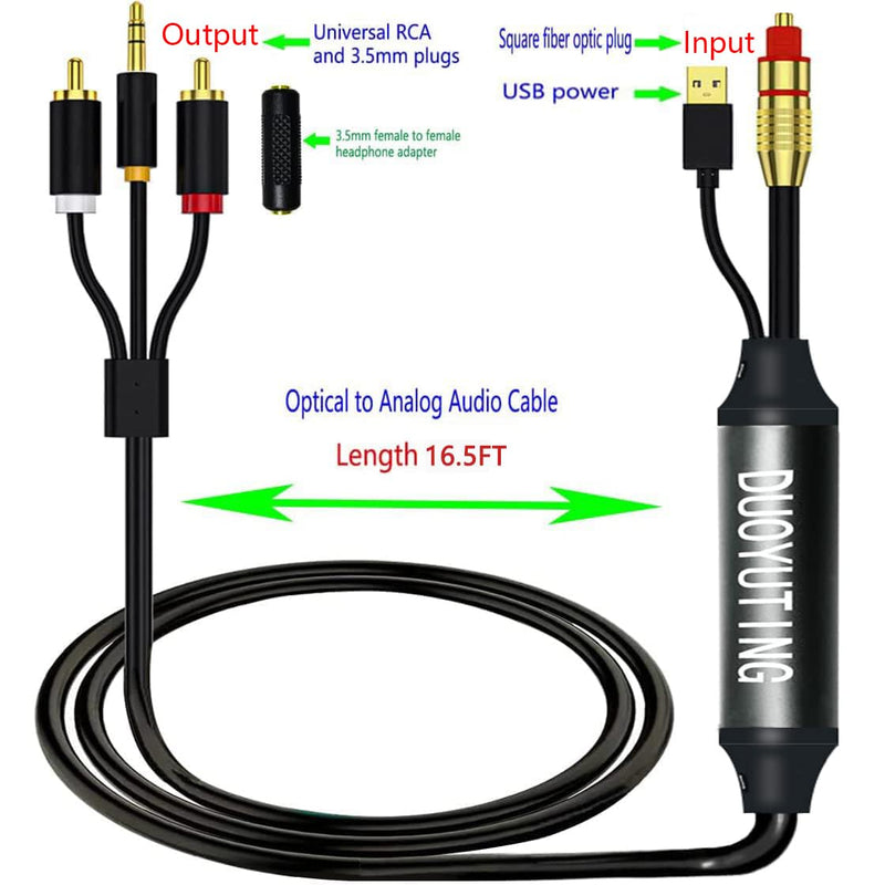 Digital Optical to Analog 3.5mm AUX Audio Cable, Optical to 2 RCA Adapter, All-in-one D/A Audio Converter, for TV/PS4/Xbox/DVD SPDIF/TOSLINK/Optical Port to Sound Box Amplifier Headphones（16.5FT) 16.5FT Digital Optical to Analog