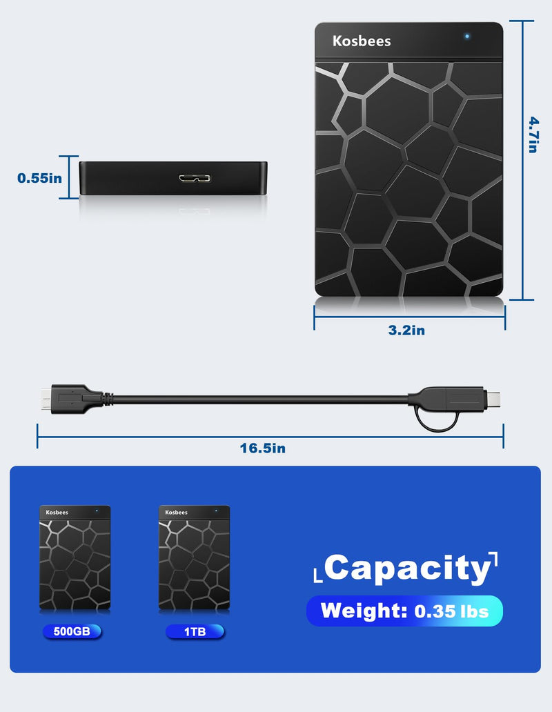 500 GB External Hard Drives,Portable Hard Drive for Windows,Ultra Slim External HDD Store Compatible with PC, MAC,Laptop,PS4, Xbox one, Xbox 360;Plug and Play Ready 500 GB