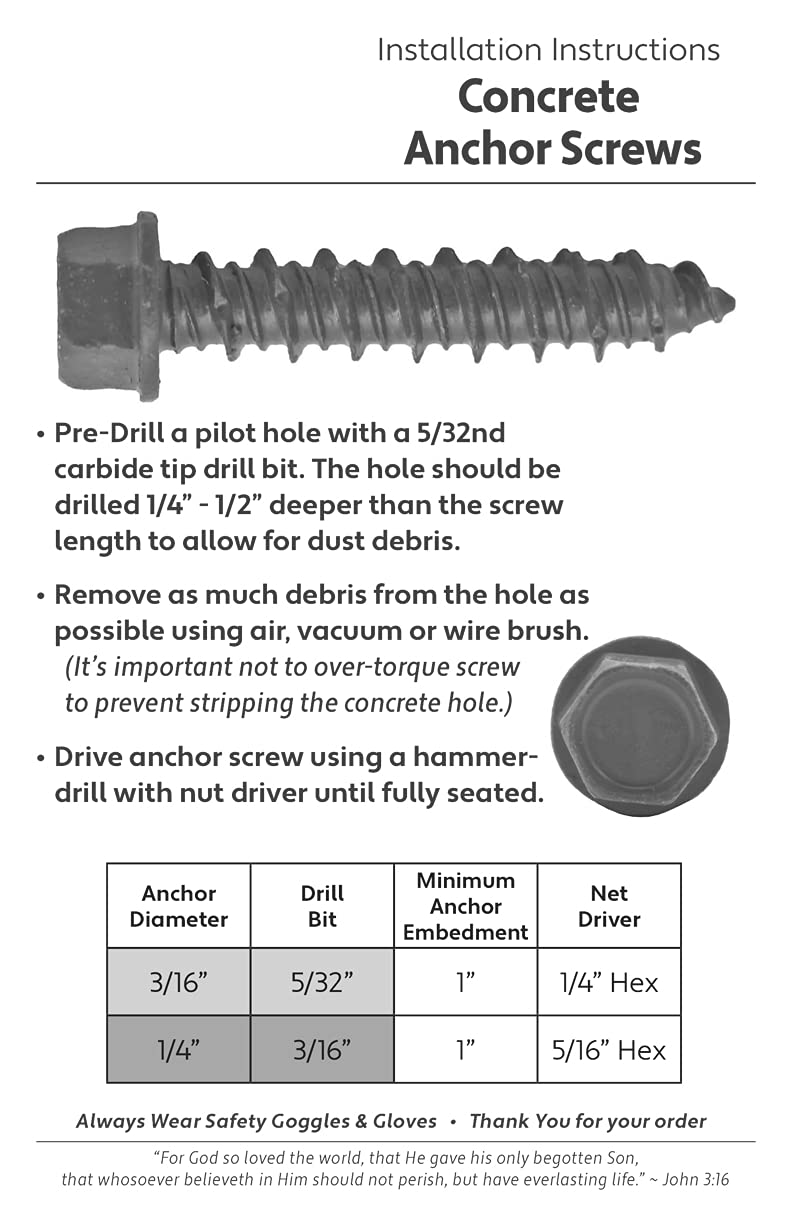 Blue Concrete Anchor Screws 1/4" x 1-3/4" Carbon Steel Hardened - Interior & Exterior Coated Rust and Corrosion Resistant Screws (Qty 100) 1/4" x 1-3/4" 100 Count