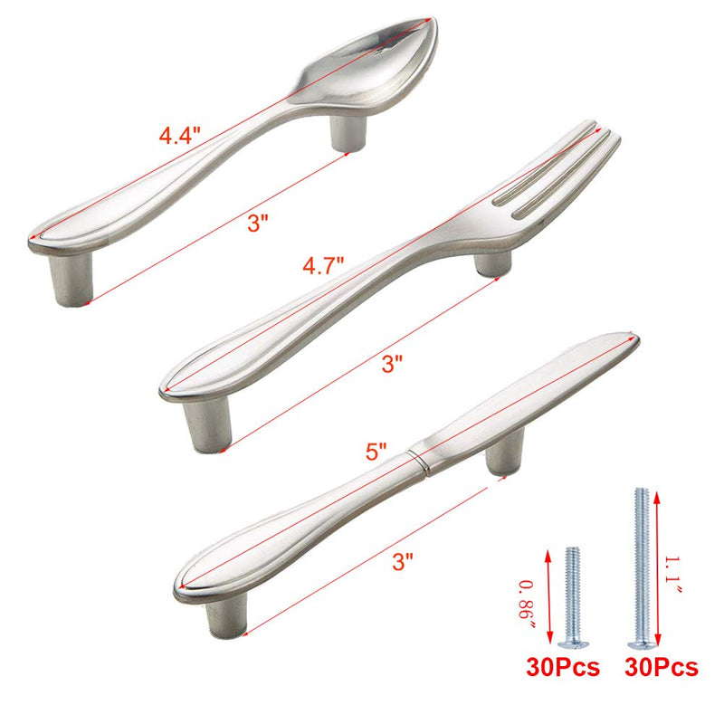 CENDGOOD Cabinet Door Pulls Tableware Handles Spoon Knife Fork Shape Kitchen Cupboard Dresser Closet Drawer Hole Center 3" Silver Pack of 15