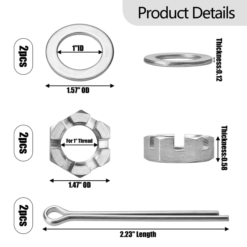 2 Set Trailer Axle Nut Kit Castle Nut Kit- 1” Washer & Cotter Pins Compatible with 1” Shaft Spindle Nut Kit for Trailer, RV and Boats