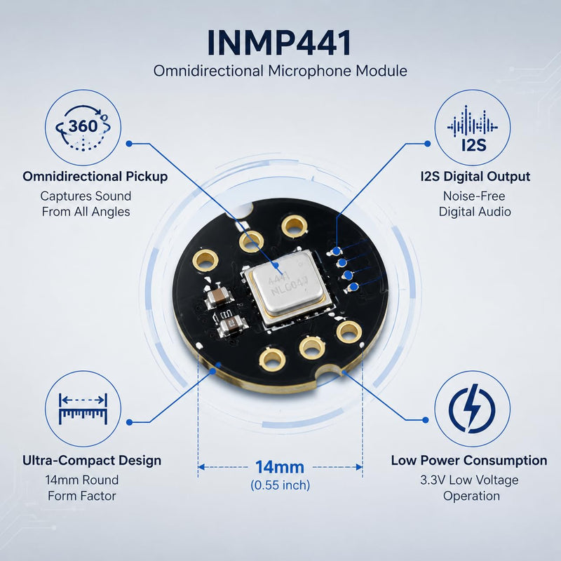 INMP441 Digital Microphone Module, INMP441 MEMS Digital I2S 24-Bit, Omnidirectional, High Sensitivity Compatible with Arduino ESP32 DSP for IoT Audio Recording, Pack of 3