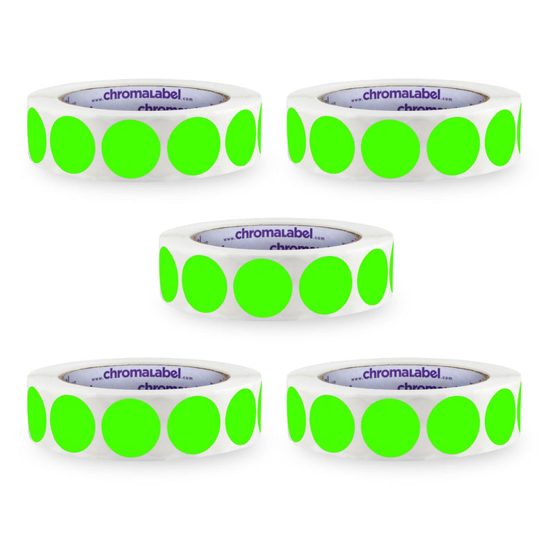 ChromaLabel 1 Inch Circle Sticker Labels, Easy to Write On Colored Dot Stickers, Permanent Adhesive Labels - 1000 Sticky Dots per Roll, Fluorescent Green Sticker Label - 5 Rolls