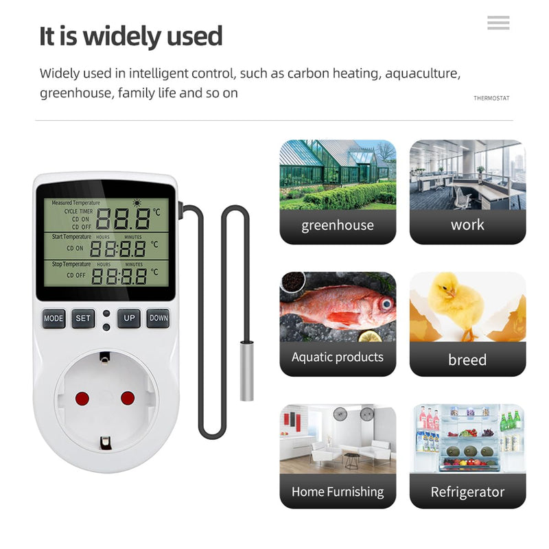 Greluma 1 Piece AC 230V Digital Temperature Controller Socket with Sensor Probe, Heating Cooling Thermostat Socket with Timer, LED Display Thermostat Switch for Greenhouse, Aquarium
