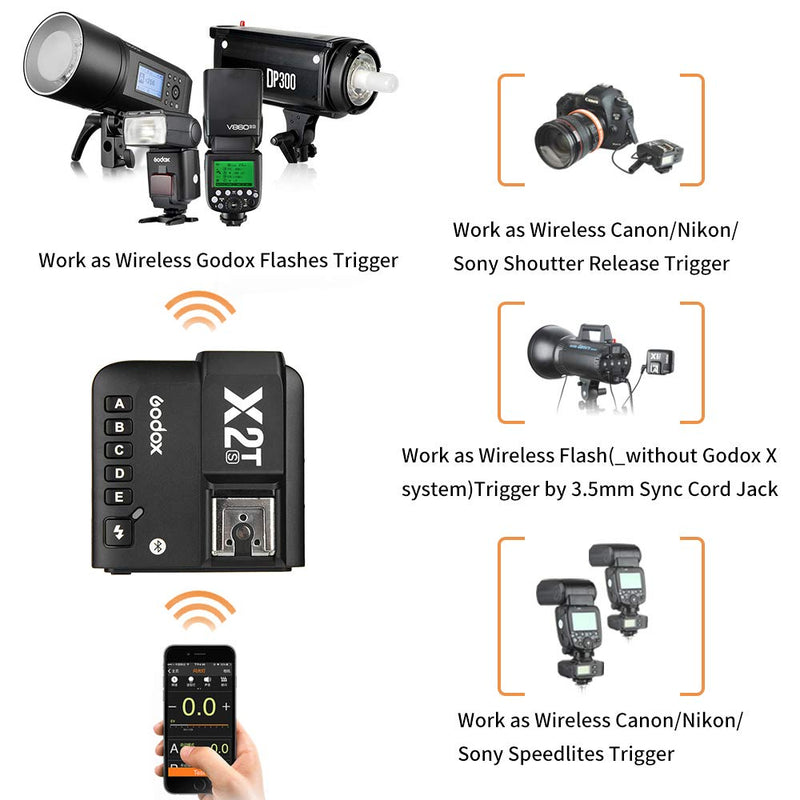 Godox X2T-S TTL Wireless Flash Trigger with Bluetooth Connection for Sony, 2.4G HSS 1/8000s,5 Separate Group Buttons &Quick Lock Hot-Shoe & LCD Display