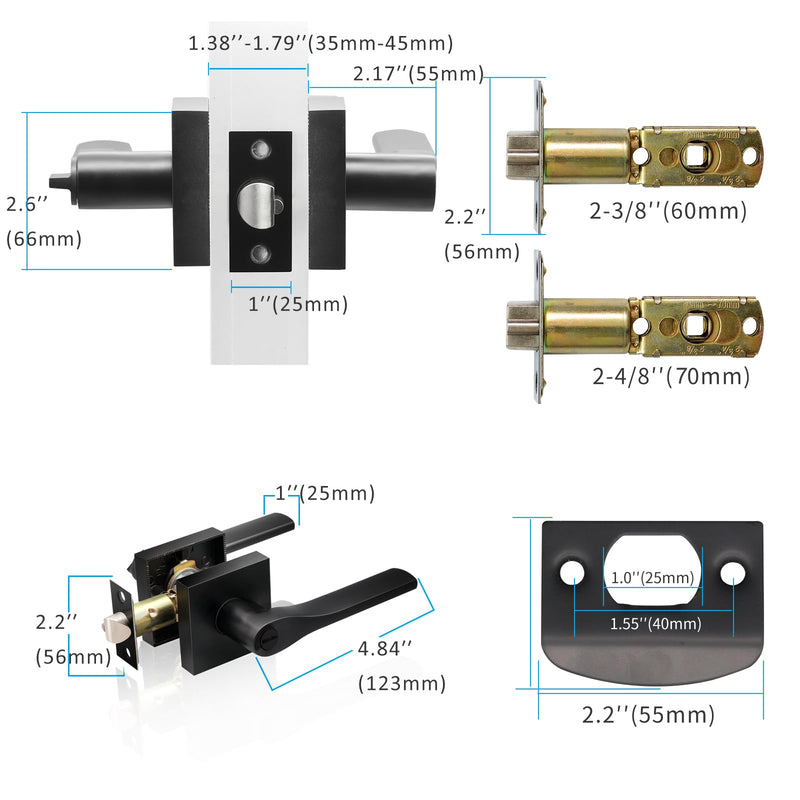 JO.KO Matte Black Door Knob, Interior Privacy Keyless Entry Door Lock, Square Style Reverisble Door Handles, Heavy Duty Door Levers for Bedroom Bathroom Doors 1 Pack Matte Black Tapered Keyless
