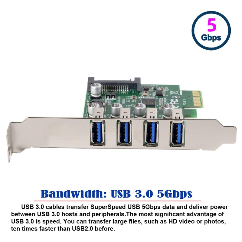 cablecc Low Profile 4 Ports PCI-E to USB 3.0 HUB PCI Express Expansion Card Adapter 5Gbps for Motherboard