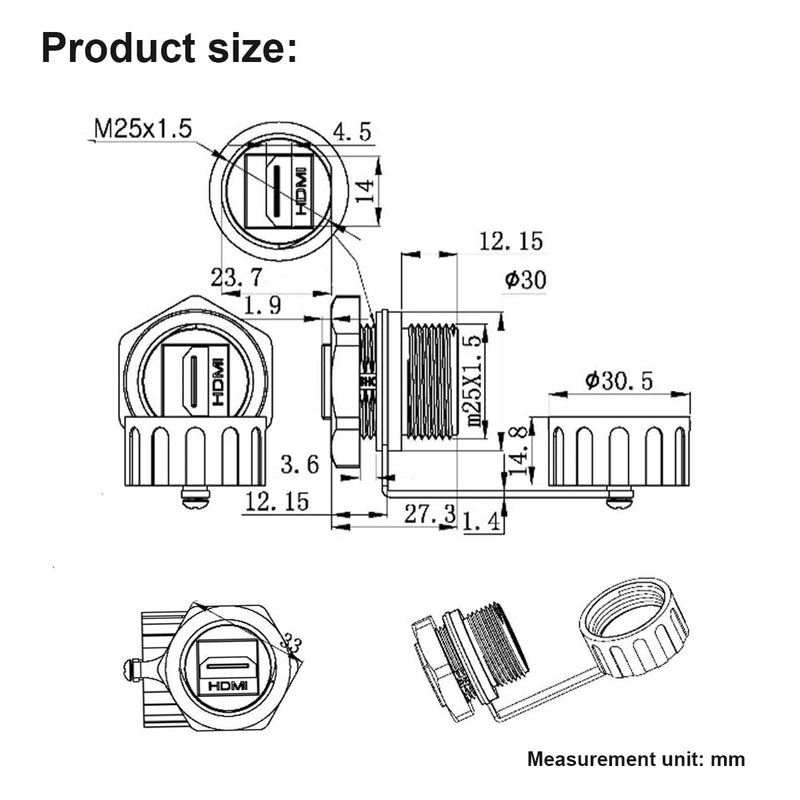 PENGLIN 2PCS HDMI Waterproof Connector, 4K HDMI Panel-Mount Coupler Extender Socket for TV, Laptop, PC, Monitor, DVD Player