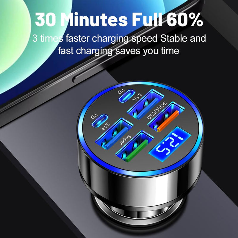 6-in-1 Multi-Port Car Charger with Voltage Detection, 2PD+3USB+QC3.0 Fast Charge Cigarette Lighter Plug Adapter Compatible with iPhone,Android,Samsung,iPad Pro and More
