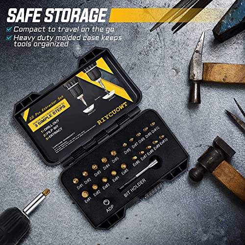 Gifts for Men - 22Pcs Titanium Damaged Screw Extractor Set, Remover for Stripped Head Screws Nuts & Bolts Drill Bit Tools for Easy Removal of Rusty & Broken Hardware High Speed Steel Superb Gift Gold