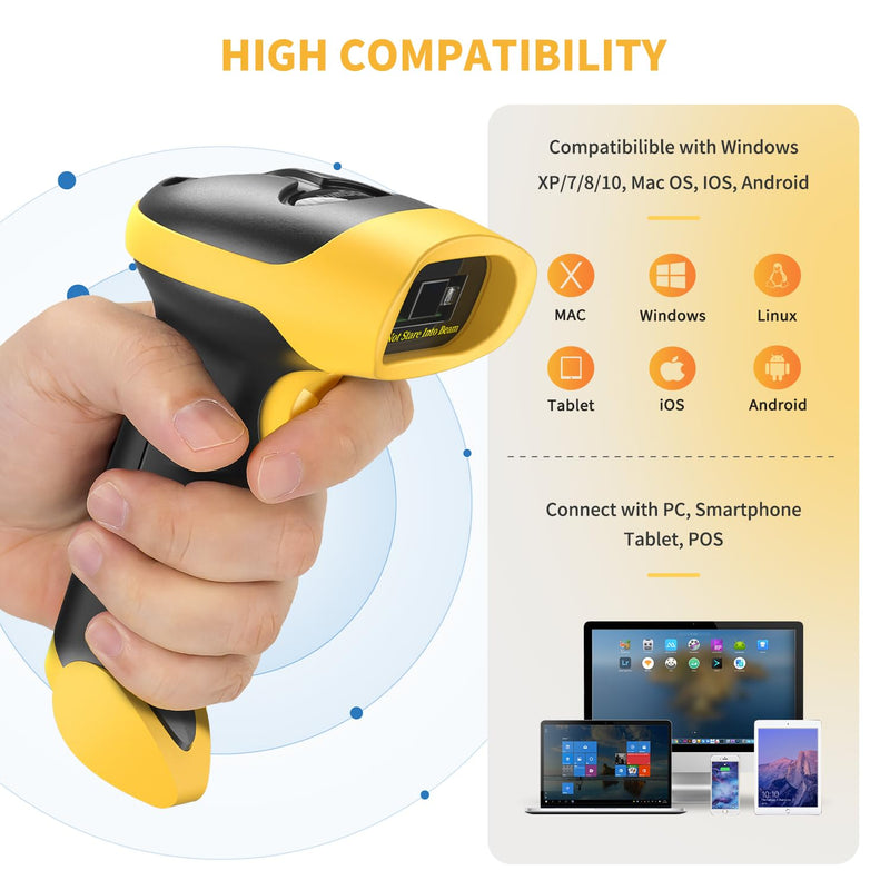 NetumScan Bluetooth QR Barcode Scanner, 3 in 1 Automatic Wireless 1D 2D Barcode Reader USB Image Code Scanner for Store, Warehouse POS, Computer, Tablet, iPad, iPhone, Android 1D & 2D Scanner Yellow