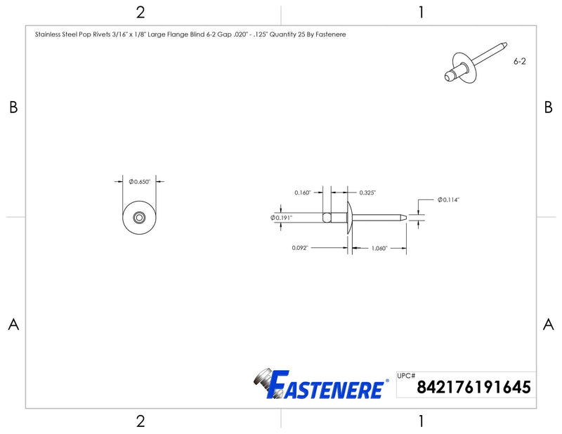 Fastenere Large Flange Pop Rivets - 3/16" x 1/8" (25 Pack) Heavy Duty, Stainless Steel Blind Rivets, Open End 6-2 Grip Range .020" - .125", Corrosion Resistant, High Tensile & Shear Strength 3/16" x 1/8" (6-2) (25 Pack)