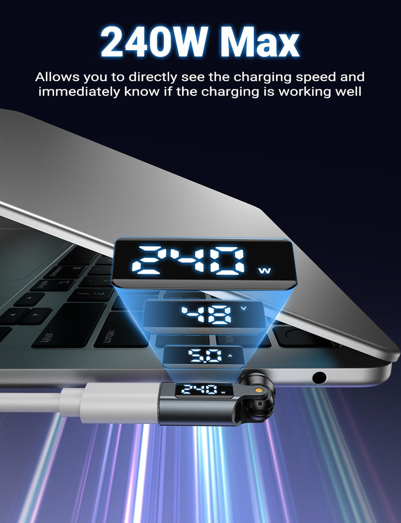 USB C Magnetic Adapter PD 240W(2Pack), 9PIN USB C 90 Degree Adapter with LED Digital Display/360 &180 Degree Power Meter Tester for 1Phone 17/16/15, Ma-Book Pro/1Pad Series, Samsung, Tablet, Laptop Gray USB Type C