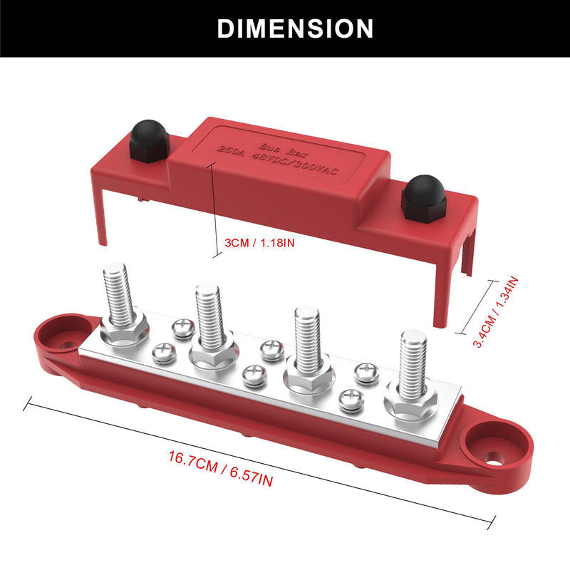 Upgraded Bus Bar 250A 12V Power Distribution Block with 5/16" (M8) 4-Posts Terminals Block with Cover for Automotive, Marine, Battery System (Black & Red) 5/16" - Black & Red