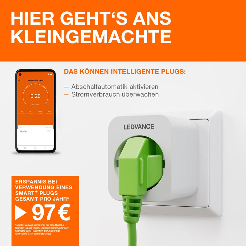 LEDVANCE wifi socket, WiFi electricity meter for socket for the SMART Home. Compatible and controllable with Google, Alexa or via app, 2.4GHz, pack of 1 indoor latest model
