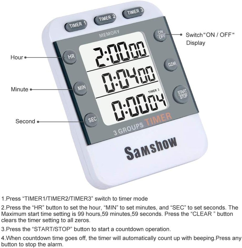 Samshow (2 Pack) Digital Kitchen Timers for Cooking Triple Timer Count UP/Down Dual Timer Large LCD Display, White 382*2
